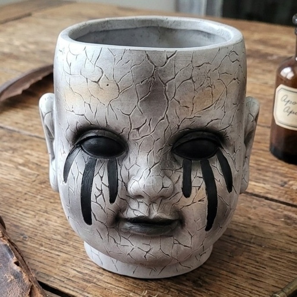 Ashland Halloween Cracked Baby Doll Head Floral Container Planter Gothic Decor